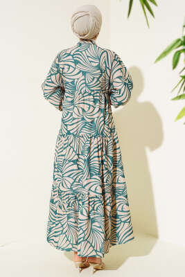 Desenli Bileği Lastikli Elbise Zümrüt - Tesettür Elbise