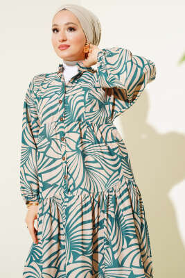 Desenli Bileği Lastikli Elbise Zümrüt - Tesettür Elbise