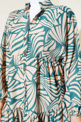 Desenli Bileği Lastikli Elbise Zümrüt - Tesettür Elbise