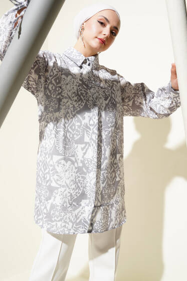 Desenli Bilek Bağcıklı Gömlek Gri - Gömlek