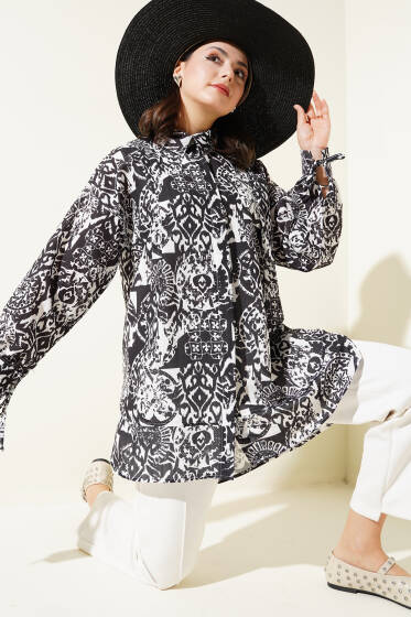 Desenli Bilek Bağcıklı Gömlek Siyah - Gömlek