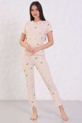 Desenli Bisiklet Yaka Pijama Takımı Bej - Kadın Pijama Takımı