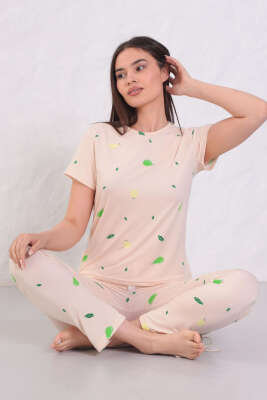 Desenli Bisiklet Yaka Pijama Takımı Bej 