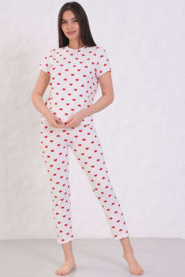 Desenli Bisiklet Yaka Pijama Takımı Beyaz Kalp Desen - Pijama