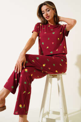 Desenli Bisiklet Yaka Pijama Takımı Bordo 