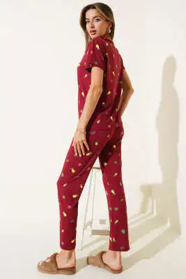 Desenli Bisiklet Yaka Pijama Takımı Bordo - Kadın Pijama Takımı