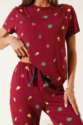 Desenli Bisiklet Yaka Pijama Takımı Bordo - Kadın Pijama Takımı