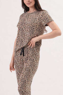 Desenli Bisiklet Yaka Pijama Takımı Camel - Kadın Pijama Takımı