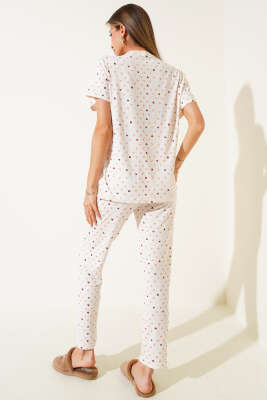 Desenli Bisiklet Yaka Pijama Takımı Ekru - Kadın Pijama Takımı