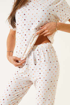 Desenli Bisiklet Yaka Pijama Takımı Ekru - Kadın Pijama Takımı