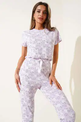 Desenli Bisiklet Yaka Pijama Takımı Lila - Pijama