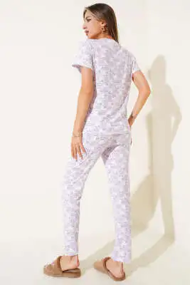 Desenli Bisiklet Yaka Pijama Takımı Lila - Pijama