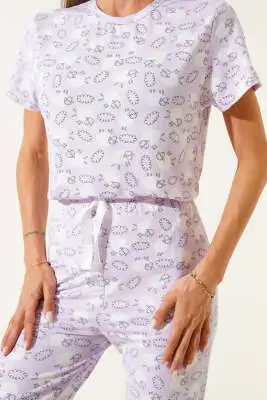 Desenli Bisiklet Yaka Pijama Takımı Lila - Pijama