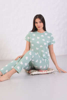 Desenli Bisiklet Yaka Pijama Takımı Mint 