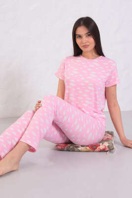 Desenli Bisiklet Yaka Pijama Takımı Pembe 