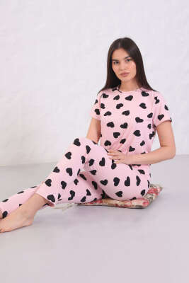 Desenli Bisiklet Yaka Pijama Takımı Pudra - Kadın Pijama Takımı