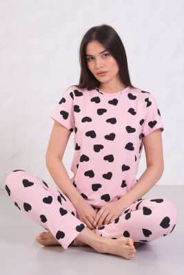 Desenli Bisiklet Yaka Pijama Takımı Pudra - Kadın Pijama Takımı