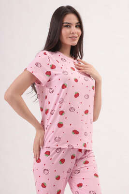 Desenli Bisiklet Yaka Pijama Takımı Şeker Pembe 