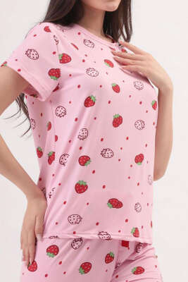 Desenli Bisiklet Yaka Pijama Takımı Şeker Pembe - Pijama