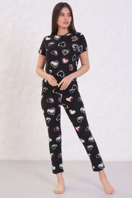 Desenli Bisiklet Yaka Pijama Takımı Siyah - Kadın Pijama Takımı