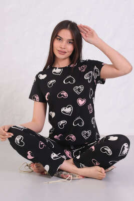 Desenli Bisiklet Yaka Pijama Takımı Siyah 