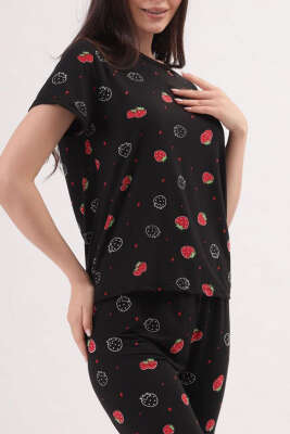 Desenli Bisiklet Yaka Pijama Takımı Siyah Kırmızı - Kadın Pijama Takımı