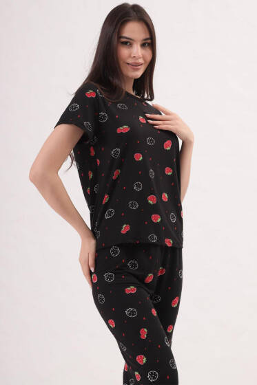 Desenli Bisiklet Yaka Pijama Takımı Siyah Kırmızı - Pijama