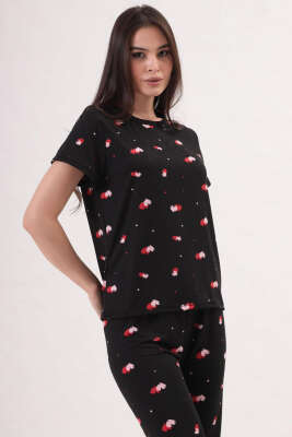 Desenli Bisiklet Yaka Pijama Takımı Siyah Pudra 