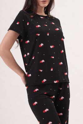 Desenli Bisiklet Yaka Pijama Takımı Siyah Pudra - Kadın Pijama Takımı