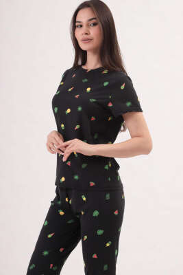 Desenli Bisiklet Yaka Pijama Takımı Siyah Yeşil 