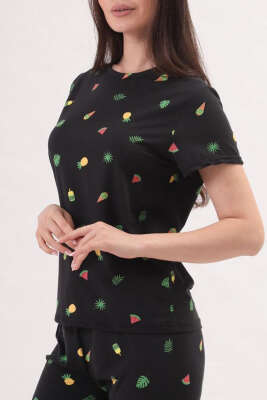 Desenli Bisiklet Yaka Pijama Takımı Siyah Yeşil - Kadın Pijama Takımı