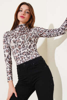 Desenli Bodysuit Bej 