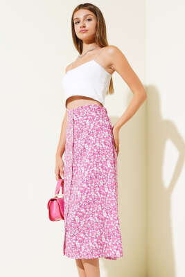 Desenli Boy Düğmeli Midi Etek Fuşya - Kadın Giyim Modelleri