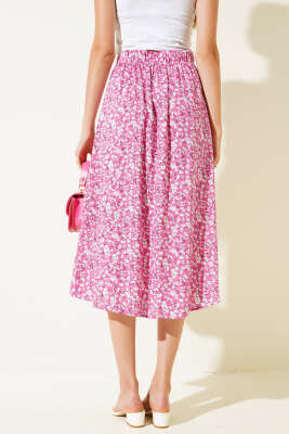 Desenli Boy Düğmeli Midi Etek Fuşya - Kadın Giyim Modelleri