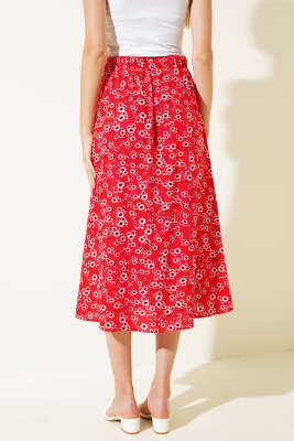 Desenli Boy Düğmeli Midi Etek Kırmızı - Kadın Giyim Modelleri