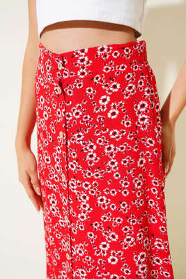 Desenli Boy Düğmeli Midi Etek Kırmızı - Kadın Giyim Modelleri