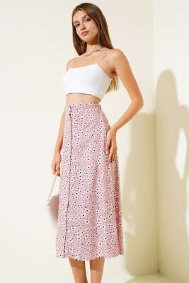Desenli Boy Düğmeli Midi Etek Pudra - Kadın Giyim Modelleri