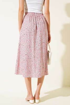 Desenli Boy Düğmeli Midi Etek Pudra - Kadın Giyim Modelleri