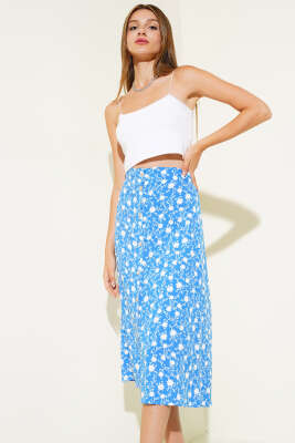 Desenli Boy Düğmeli Midi Etek Saks - Kadın Giyim Modelleri