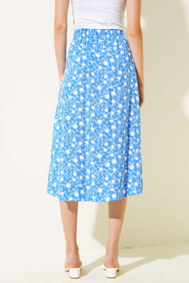 Desenli Boy Düğmeli Midi Etek Saks - Kadın Giyim Modelleri