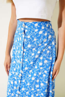 Desenli Boy Düğmeli Midi Etek Saks - Kadın Giyim Modelleri