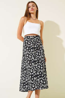 Desenli Boy Düğmeli Midi Etek Siyah Beyaz - Kadın Giyim Modelleri