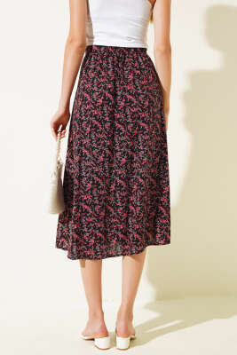 Desenli Boy Düğmeli Midi Etek Siyah Kırmızı - Kadın Giyim Modelleri