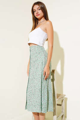 Desenli Boy Düğmeli Midi Etek Yeşil - Kadın Giyim Modelleri