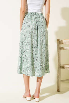 Desenli Boy Düğmeli Midi Etek Yeşil - Kadın Giyim Modelleri