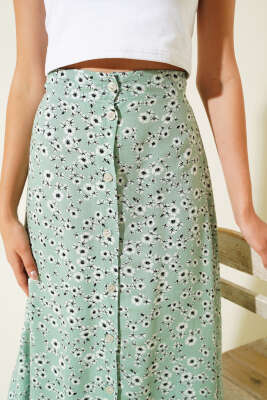 Desenli Boy Düğmeli Midi Etek Yeşil - Kadın Giyim Modelleri