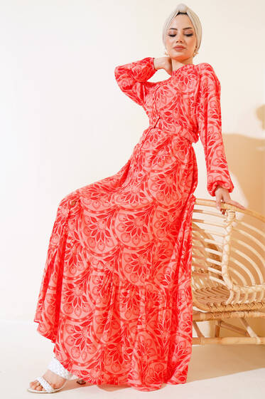 Desenli Boydan Düğmeli Kemerli Elbise Alizarin - Elbise