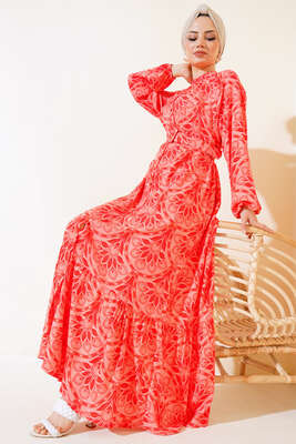 Desenli Boydan Düğmeli Kemerli Elbise Alizarin 