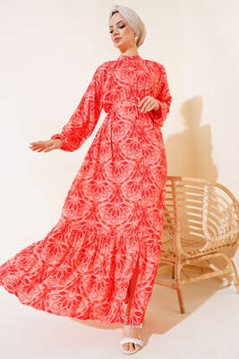 Desenli Boydan Düğmeli Kemerli Elbise Alizarin - Tesettür Elbise