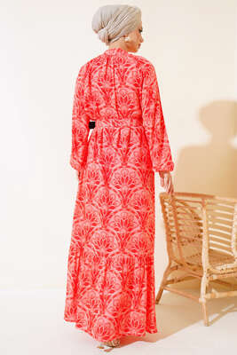 Desenli Boydan Düğmeli Kemerli Elbise Alizarin - Tesettür Elbise